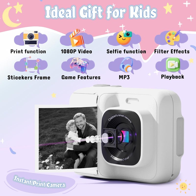 ETIKEZ Kids Camera, 1080P Instant Digital Print Camera for Kids, Christmas Birthday Gifts for 4 5 6 7 8 9 10 Year Old Girls Boys, Portable Toy with 32GB SD Card & 3 Rolls Printing Paper, White - Image 2